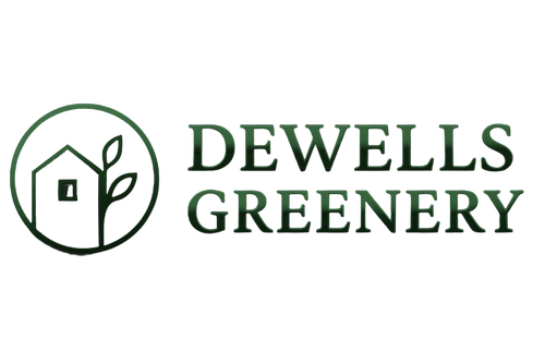 Logo of Dewells Greenery with a house and leaf design on a beige background