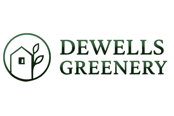 Logo of Dewells Greenery with a house and leaf design on a beige background