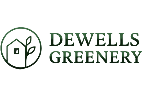Logo of Dewells Greenery with a house and leaf design on a white background